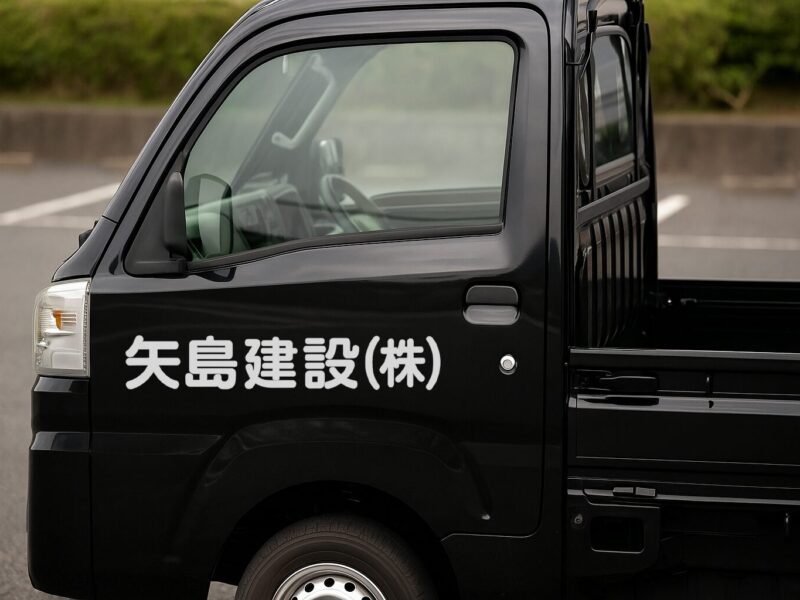 黒の軽トラックに映える社名表示ステッカー