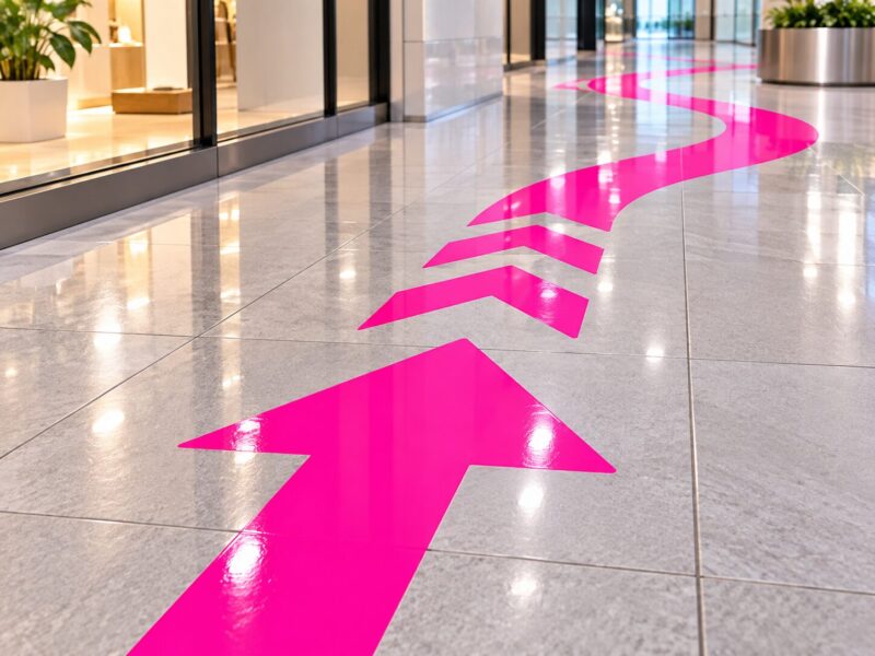 蛍光ピンクのカッティングシートで床面を目立つ順路案内に