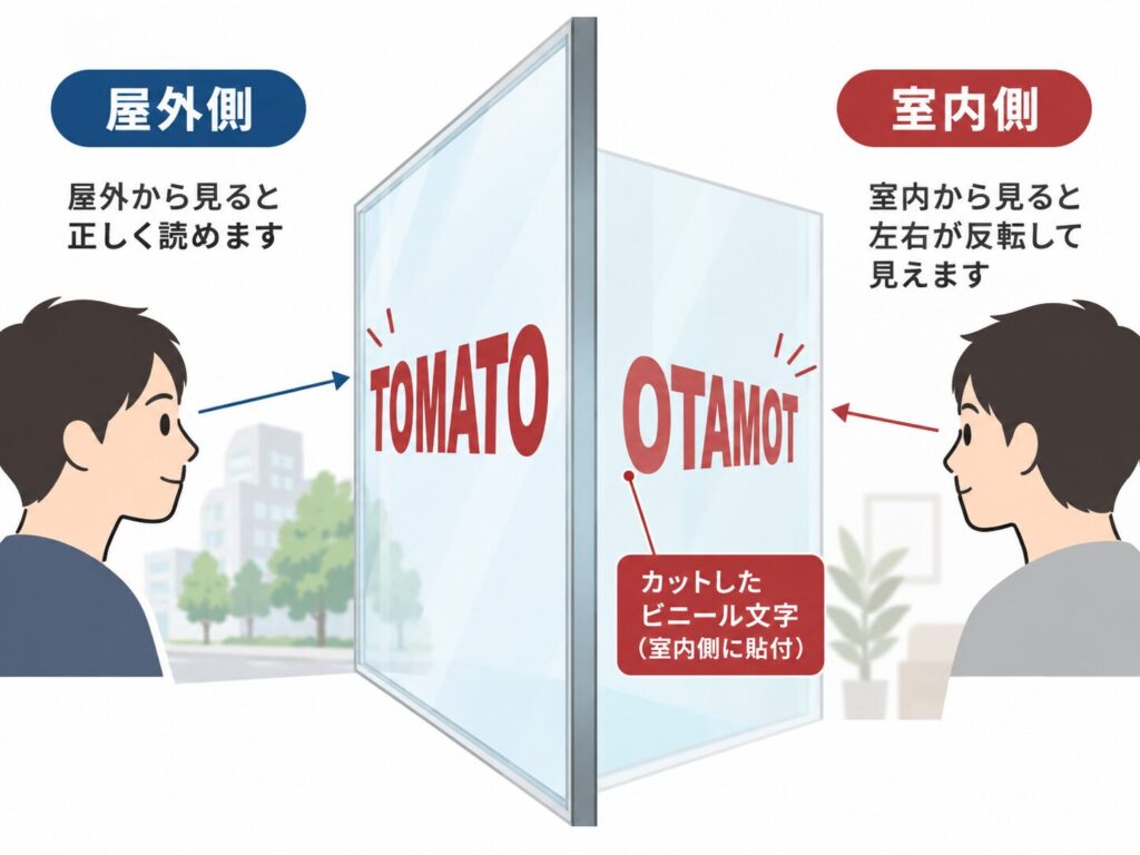 窓に貼ったカッティングシートを外側から正しく読めるようにした場合、室内側からでは文字が反転して見えてしまうことに注意。